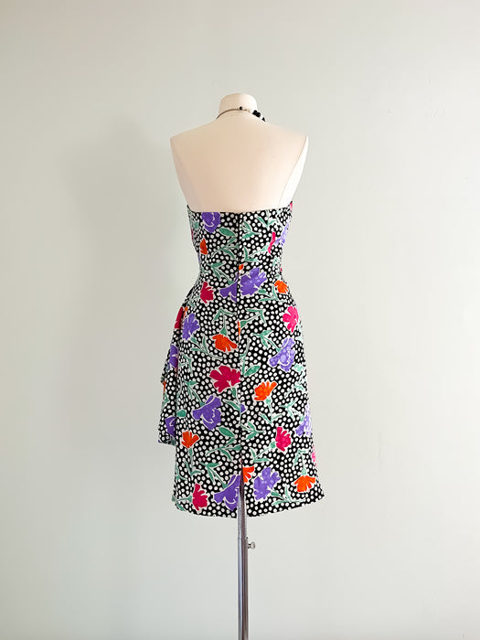 1980's AJ Bari Polka Dot Floral Print Party Dress / Sz M