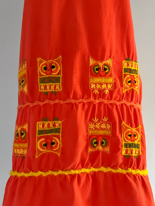 1960's Owl Embroidered Shift Dress / Sz M