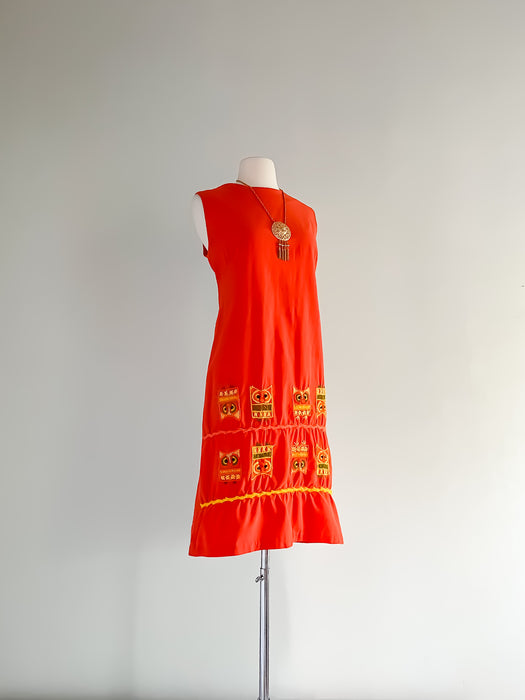 1960's Owl Embroidered Shift Dress / Sz M