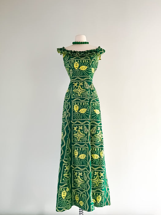 Rare 1950's Reef Sea Life Print Cotton Hawaiian Dress / Sz M