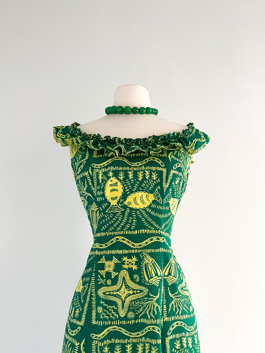 Rare 1950's Reef Sea Life Print Cotton Hawaiian Dress / Sz M