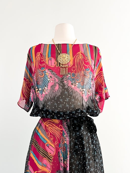 Dreamy 1970’s Sheer Art Deco Print Dress / Sz S