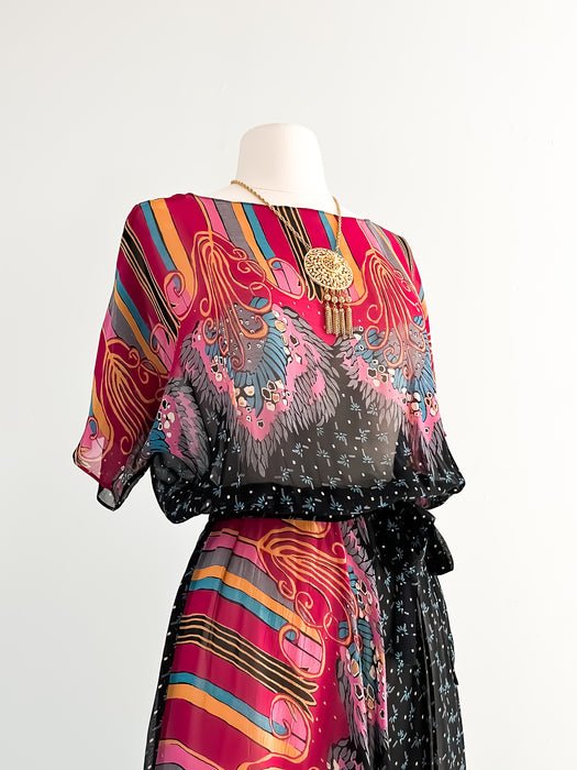 Dreamy 1970’s Sheer Art Deco Print Dress / Sz S