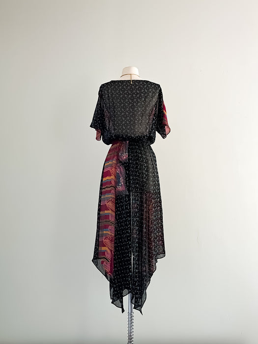 Dreamy 1970’s Sheer Art Deco Print Dress / Sz S