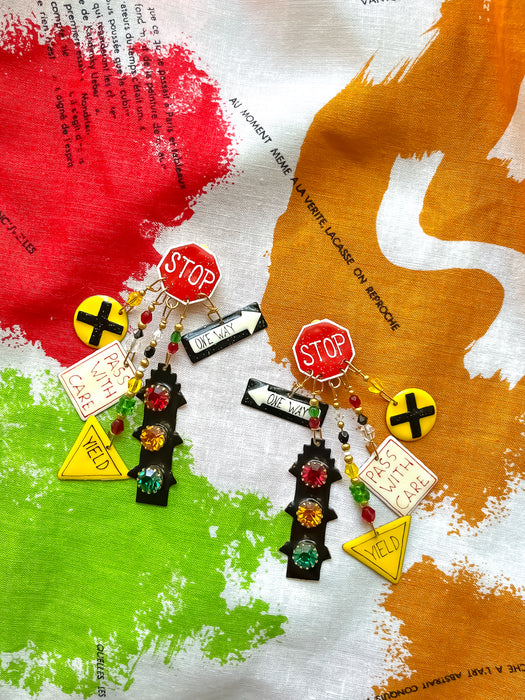 Rare 1980's  "Lunch at the Ritz" Hand-painted Traffic Signs Earrings