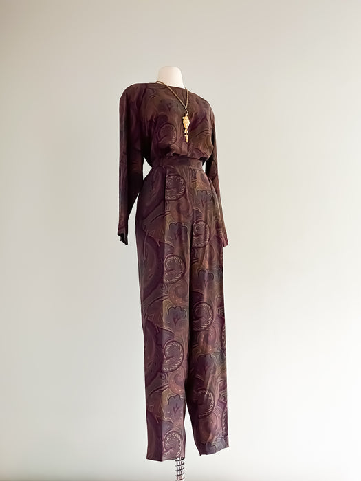 Vintage 1980's Liz Claiborne Silk Autumnal Paisley Pant Set / Sz L