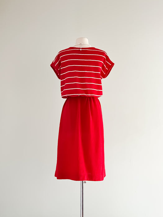 Darling 1970's Red and White Striped Knit Day Dress By Robert Arthur / Large