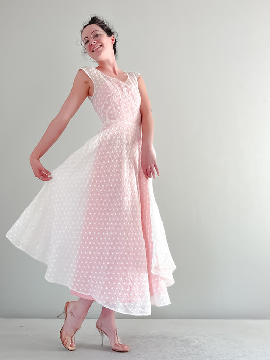 Ethereal 1950's Ivory and Pink Embroidered Cotton Organdy Daisy Dress / Waist 24