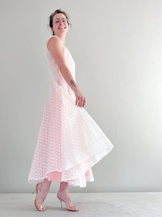 Ethereal 1950's Ivory and Pink Embroidered Cotton Organdy Daisy Dress / Waist 24