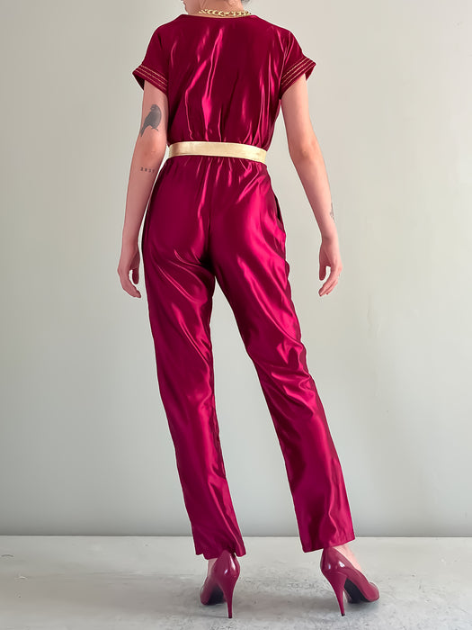 Amazing 1980's Disco Burgundy and Gold Jumpsuit  / Sz XS