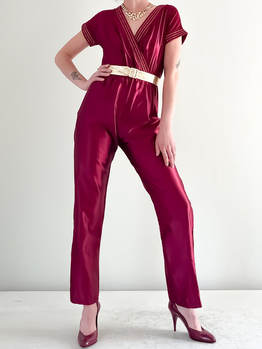Amazing 1980's Disco Burgundy and Gold Jumpsuit  / Sz XS