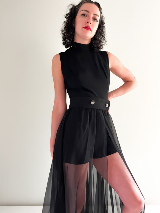 Classic Black Romper with Stunning Overlay Skirt Two Piece Glamour Set / XS