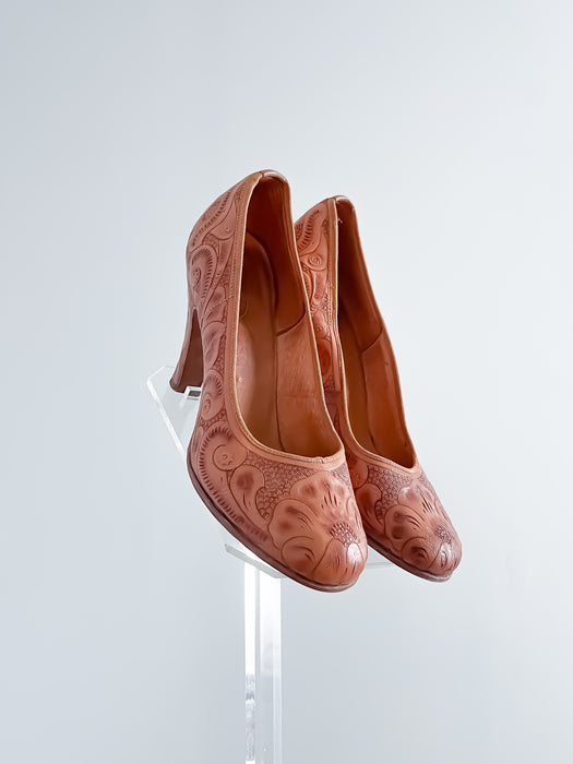 Gorgeous El Cometa 1940's Tooled Leather Pumps / Size 5