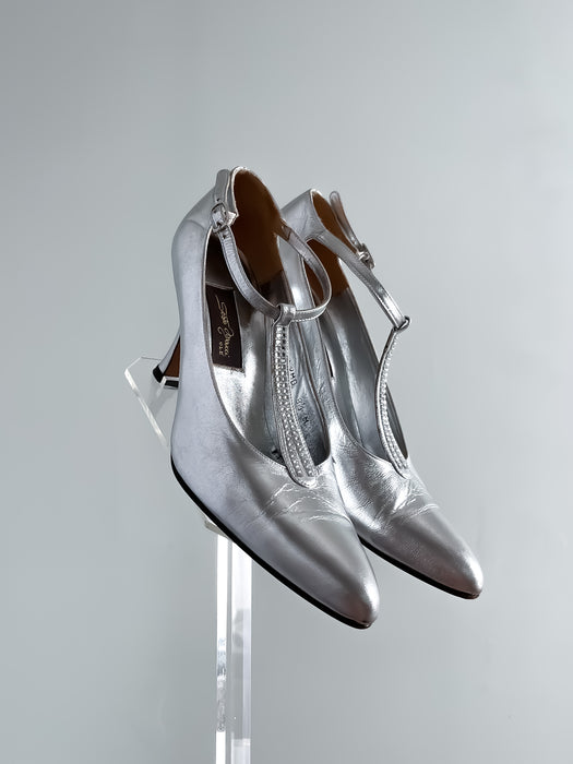 Fabulous 1980's Sesto Meucci T-Strap Silver Heels / Size 8.5 M