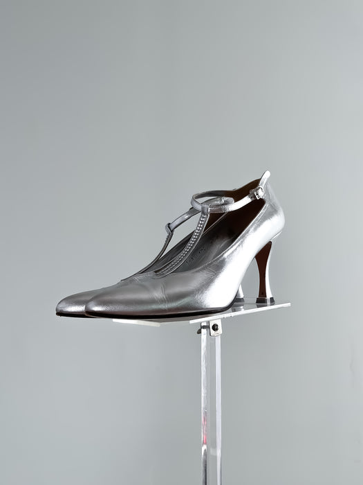 Fabulous 1980's Sesto Meucci T-Strap Silver Heels / Size 8.5 M