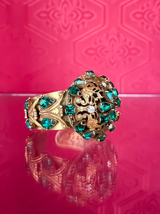 Dramatic 1930's Emerald Rhinestone Double Hinged Clamp Bracelet