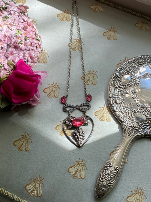 Gorgeous 1930's Heart Grape Pendant Rhinestone Statement Necklace