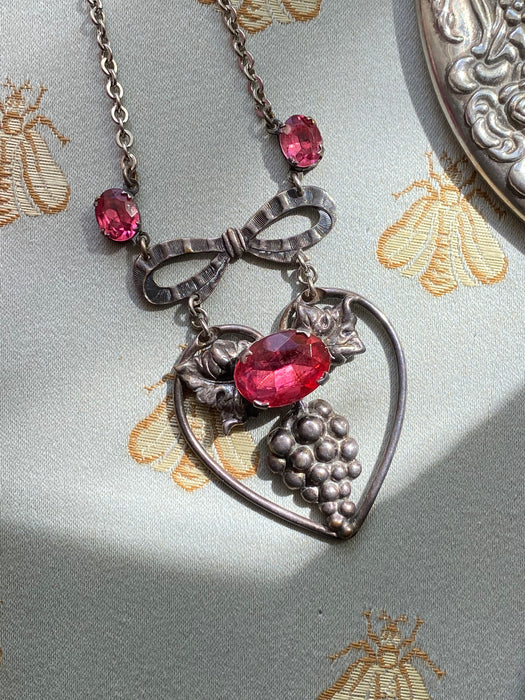 Gorgeous 1930's Heart Grape Pendant Rhinestone Statement Necklace