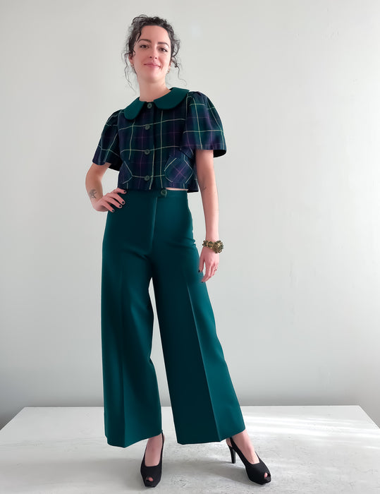 Adorable 1970's Green and Navy Plaid Two Piece Pant Set / XS