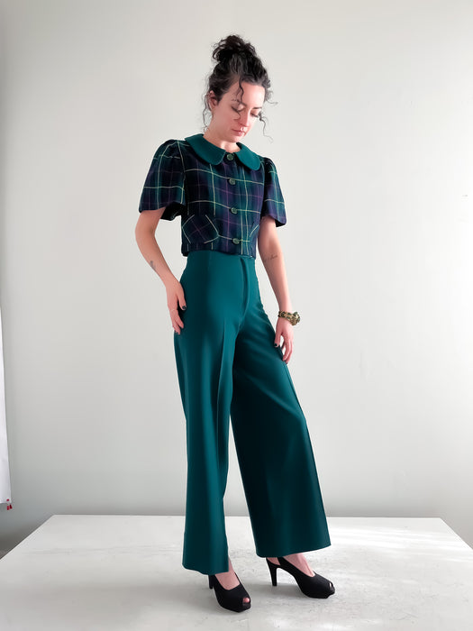 Adorable 1970's Green and Navy Plaid Two Piece Pant Set / XS