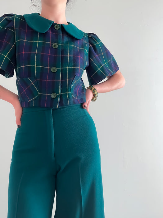 Adorable 1970's Green and Navy Plaid Two Piece Pant Set / XS