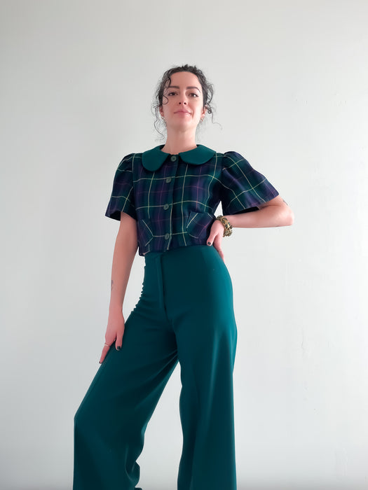 Adorable 1970's Green and Navy Plaid Two Piece Pant Set / XS