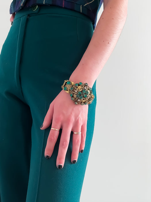 Dramatic 1930's Emerald Rhinestone Double Hinged Clamp Bracelet