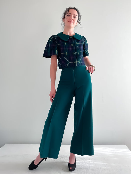 Adorable 1970's Green and Navy Plaid Two Piece Pant Set / XS