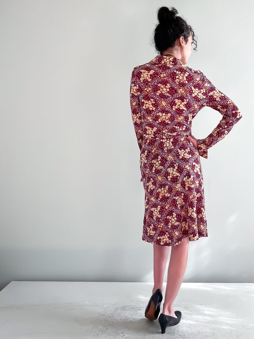 Classic 1970's Floral Long Sleeve Wrap Dress  by Bonwit Teller / Sz Medium