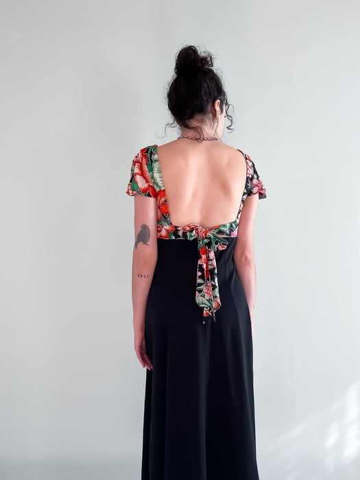 Sexy 1970's Floral Maxi Dress / Sz Medium