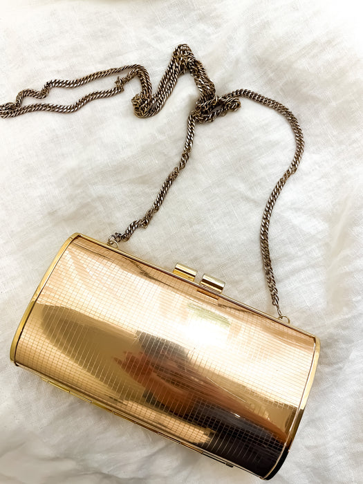 1970s Gold GLAM Disco Fever Hard Shell Clutch Hand Bag