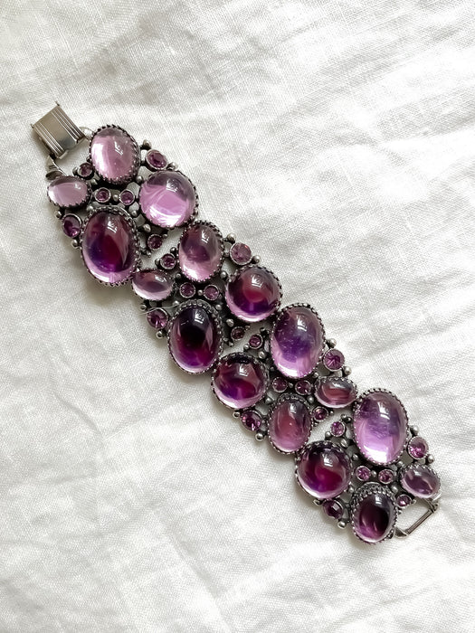 Chunky 1960's Wide Purple Glass & Rhinestone Filigree Statement Bracelet