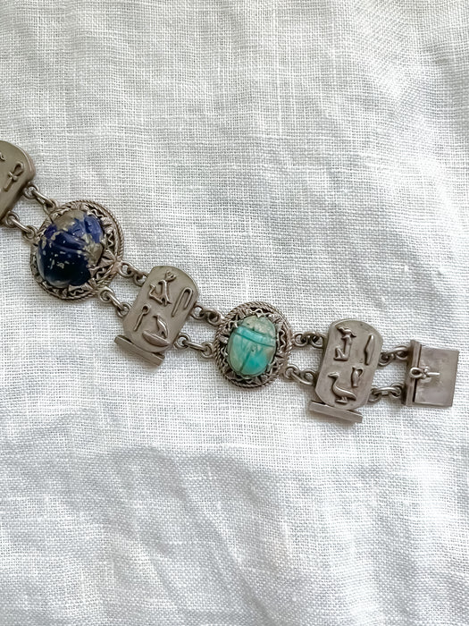 Stunning 1920's Egyptian Revival Scarab Beetle Hieroglyphics Bracelet