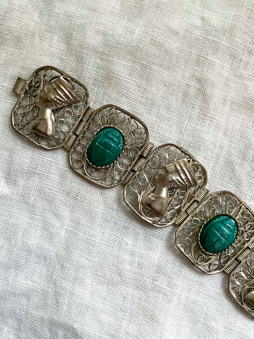 Amazing 1920's Egyptian Revival Nefertiti & Scarab Beetle Bracelet