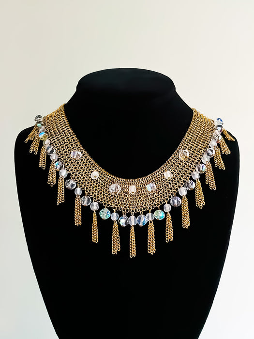 EPIC 1950's Gold Chain Mail Aurora Borealis Beaded Statement Necklace