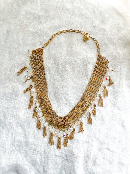 EPIC 1950's Gold Chain Mail Aurora Borealis Beaded Statement Necklace