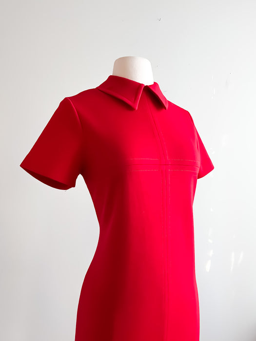 Absolutely Darling 1960's Ruby Red Wool Knit Mod Dress From Harrods / Sz M