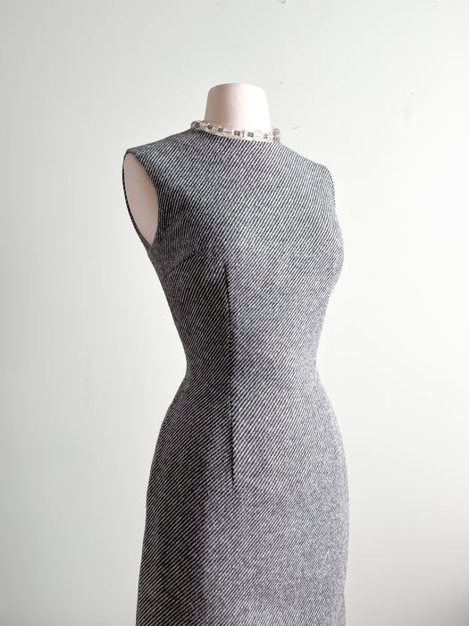 Super Chic 1960's Grey and White Herringbone Wool Dress Suit Set / Sz M