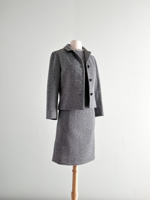Super Chic 1960's Grey and White Herringbone Wool Dress Suit Set / Sz M