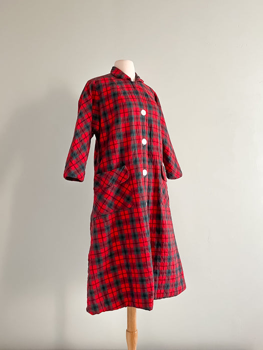 Amazing 1960's Red and Green Plaid Quilted Holiday Duster Coat / Sz M