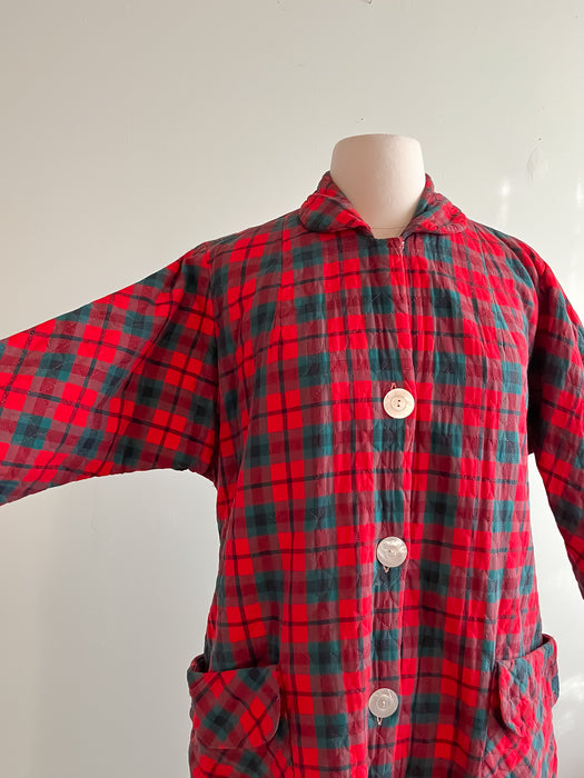 Amazing 1960's Red and Green Plaid Quilted Holiday Duster Coat / Sz M