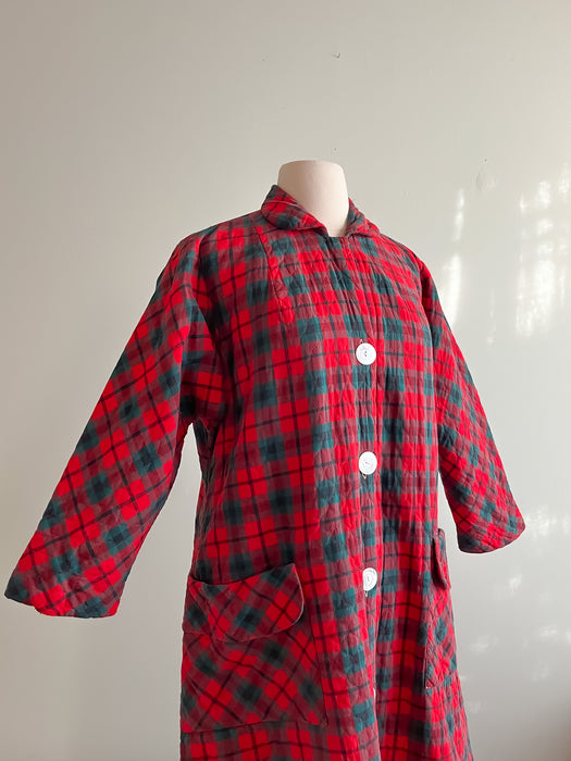 Amazing 1960's Red and Green Plaid Quilted Holiday Duster Coat / Sz M