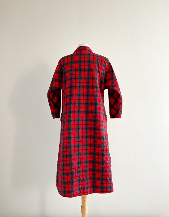 Amazing 1960's Red and Green Plaid Quilted Holiday Duster Coat / Sz M