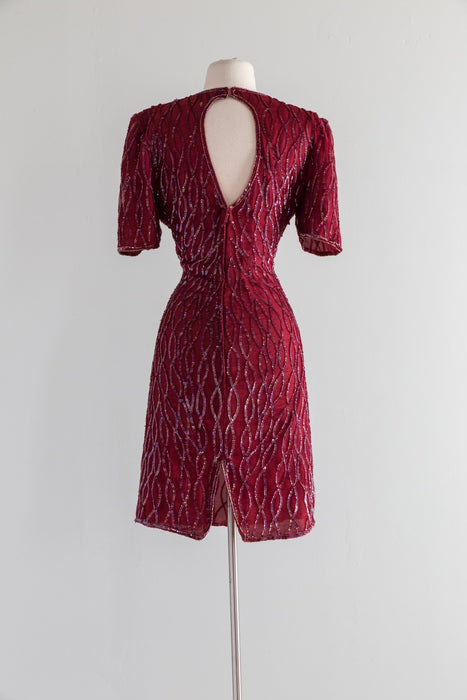 Fabulous 1980's Cranberry Beaded Silk Glam Dress / Sz Medium