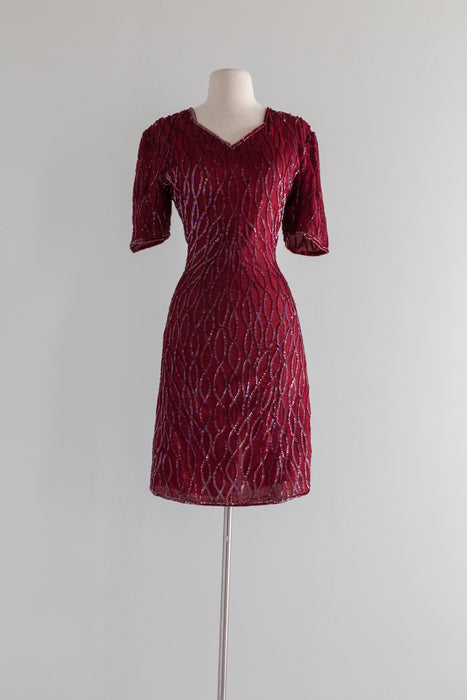 Fabulous 1980's Cranberry Beaded Silk Glam Dress / Sz Medium