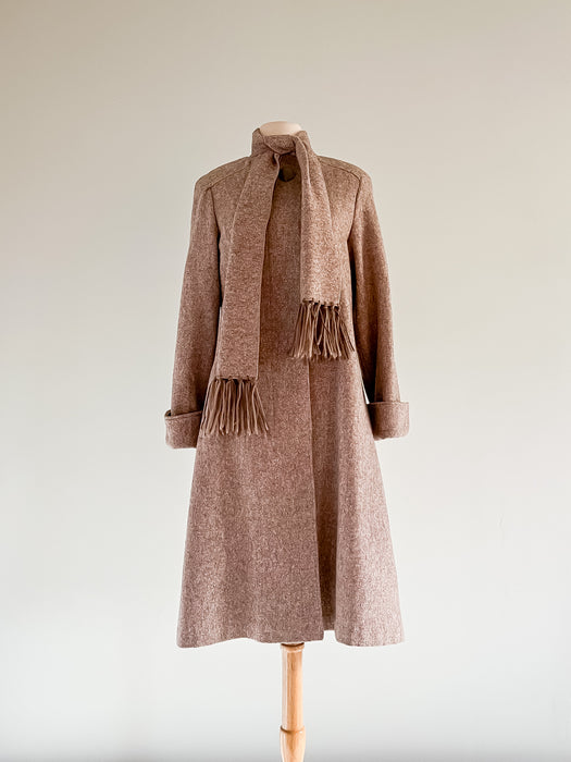 Chic 1970's Brown Wool Coat With Attached Scarf  / Medium