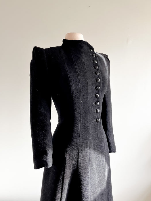 Gorgeous 1930's Black Wool Princess Coat / Sz XS