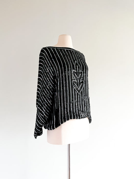 HOT 1980s Judith Ann Silver and Black Striped Sequin Top  / Sz M/L