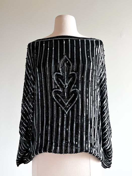 HOT 1980s Judith Ann Silver and Black Striped Sequin Top  / Sz M/L