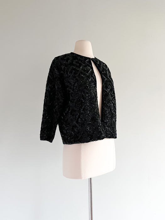 Elegant 1960’s Jet Black Sequined Cardigan / Sz M/L